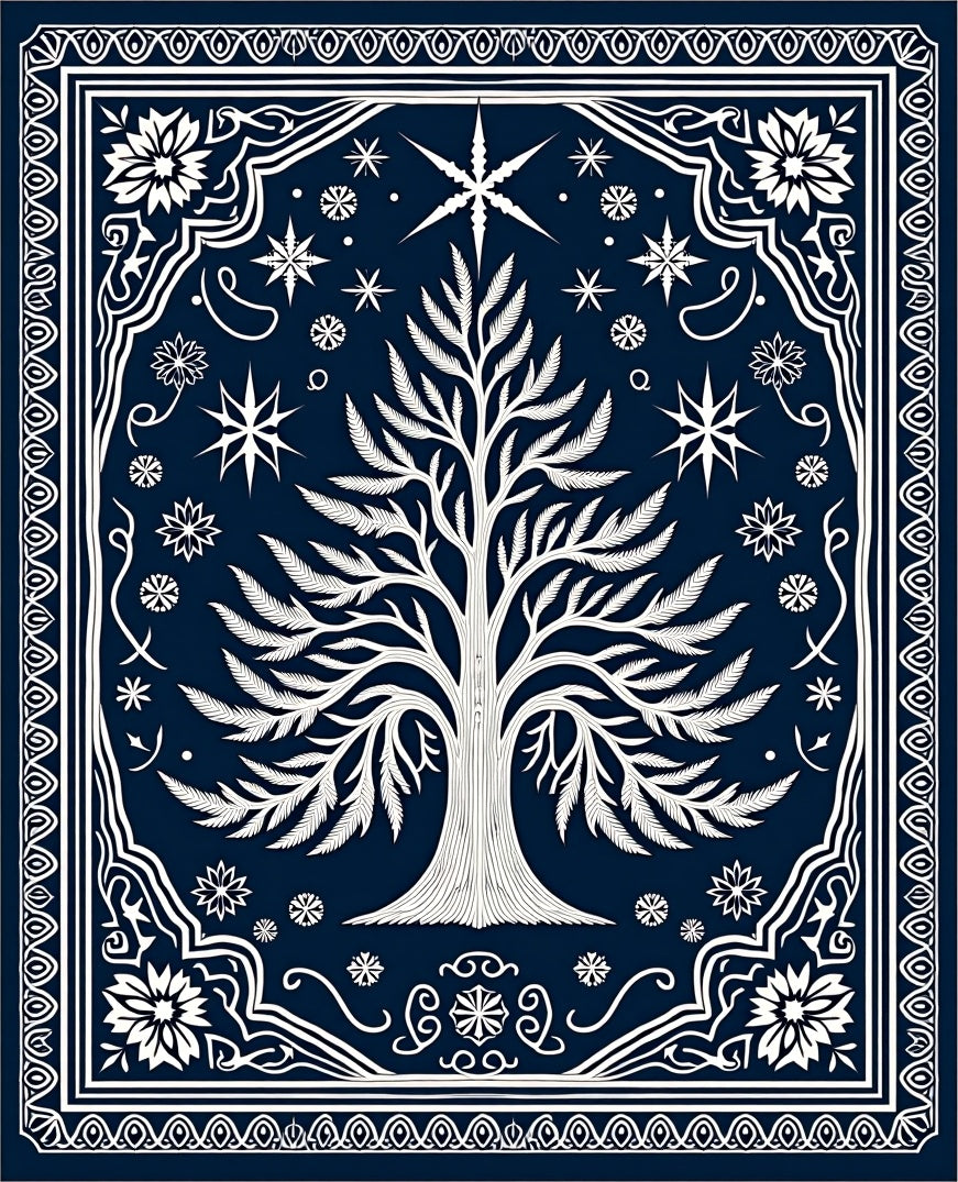 Deep Blue Celestial Tree Border Rug