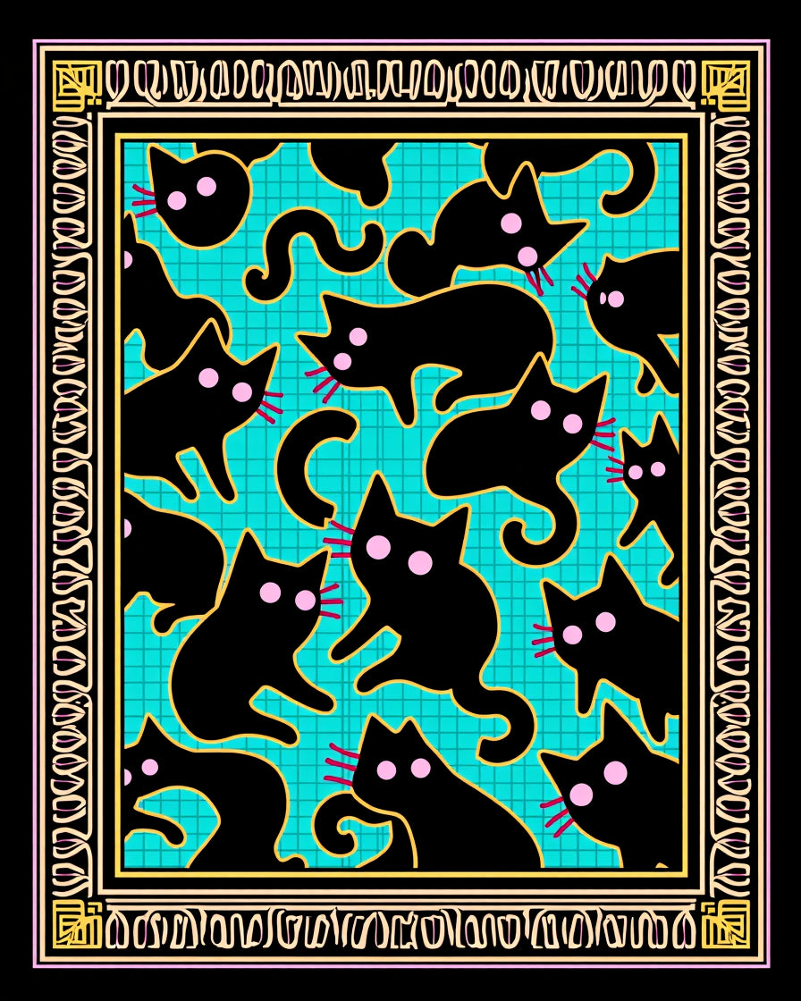 Black Cat Turquoise Grid Whimsical Border Rug