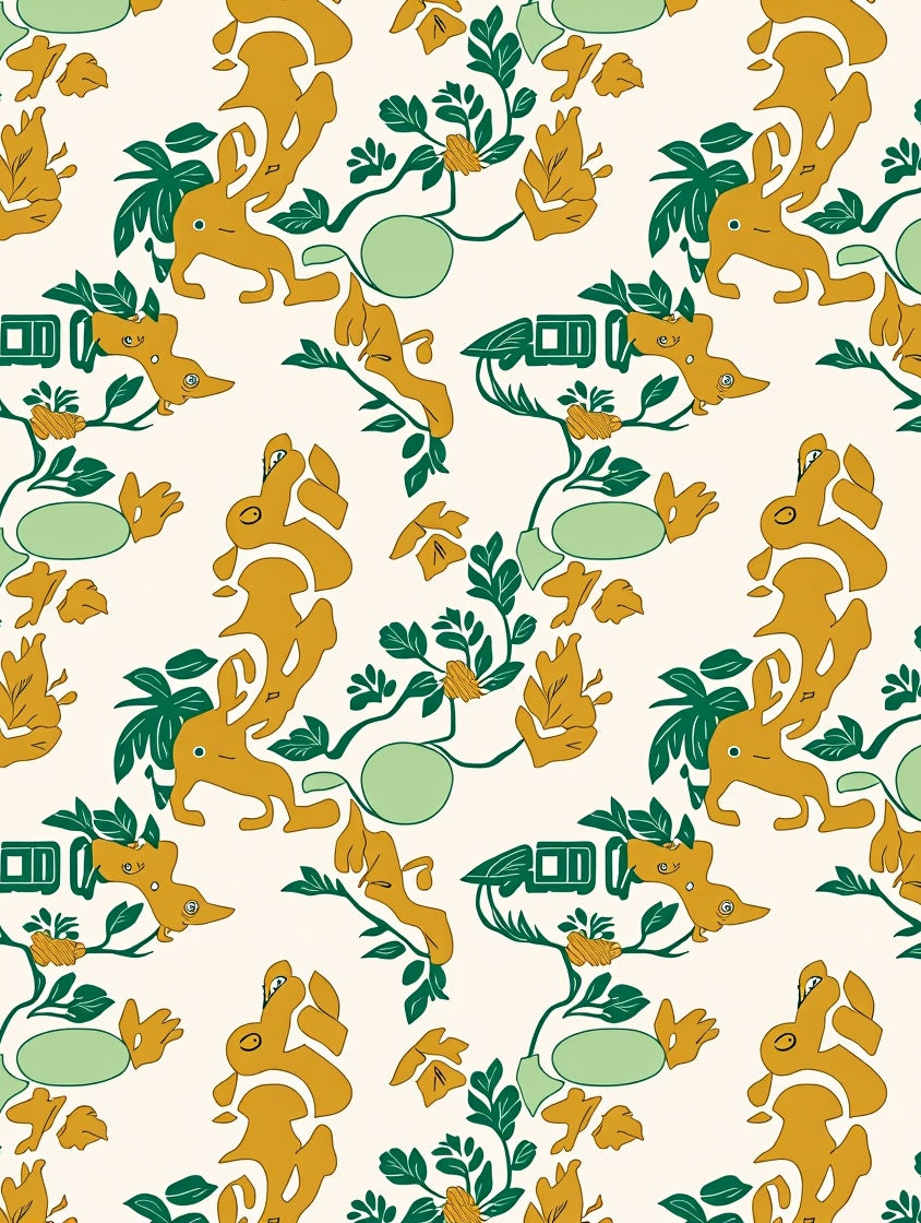 Whimsical Mustard Creatures Greenery Arrangement Rug