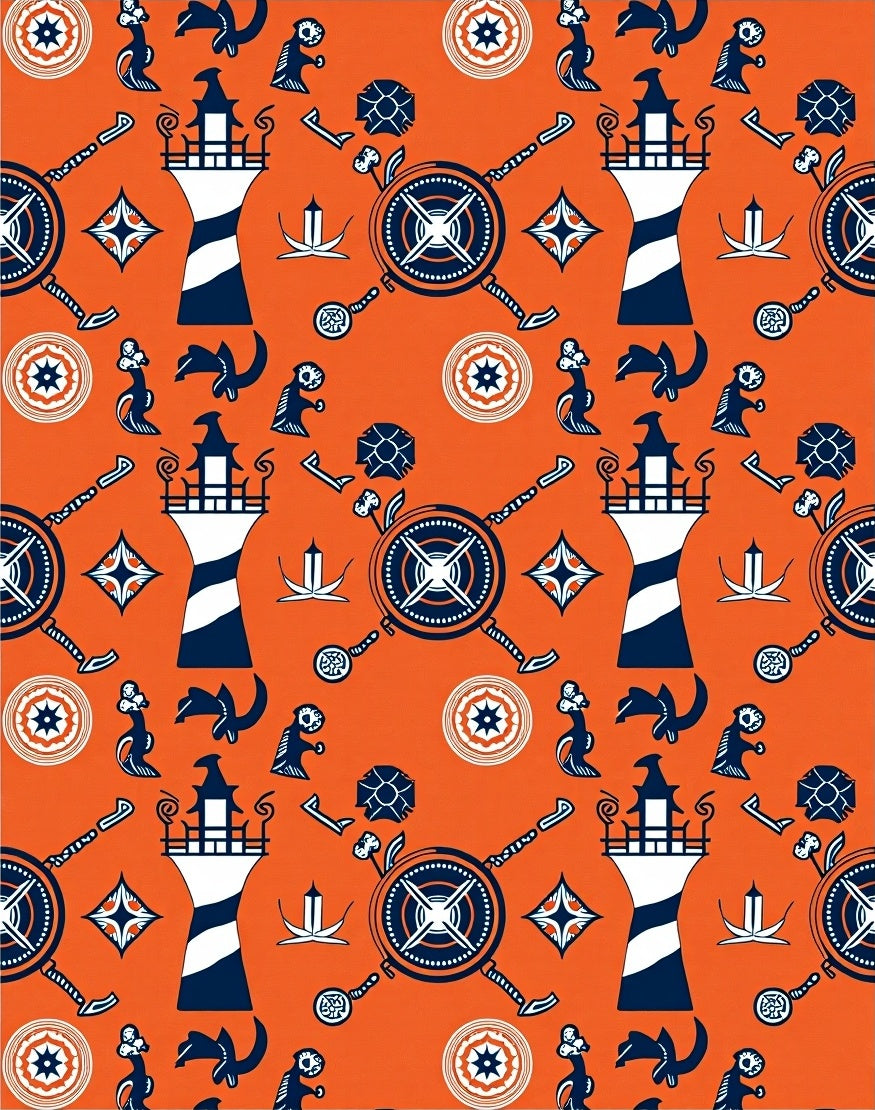 Orange White Navy Nautical Lighthouse Compass Rug