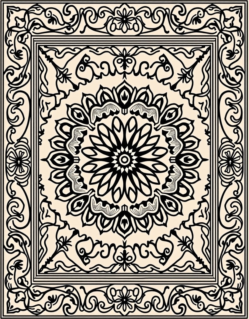 Black Floral Medallion Ivory Square Rug