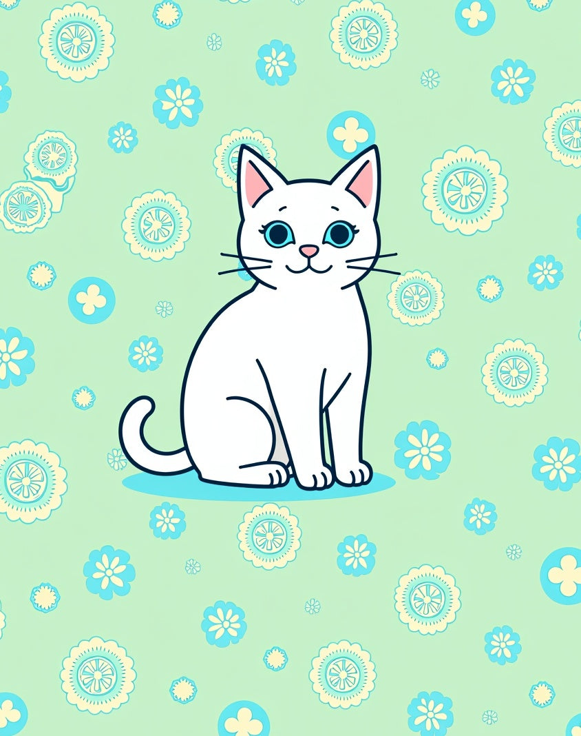 Whimsical White Cat Floral Garden Rug