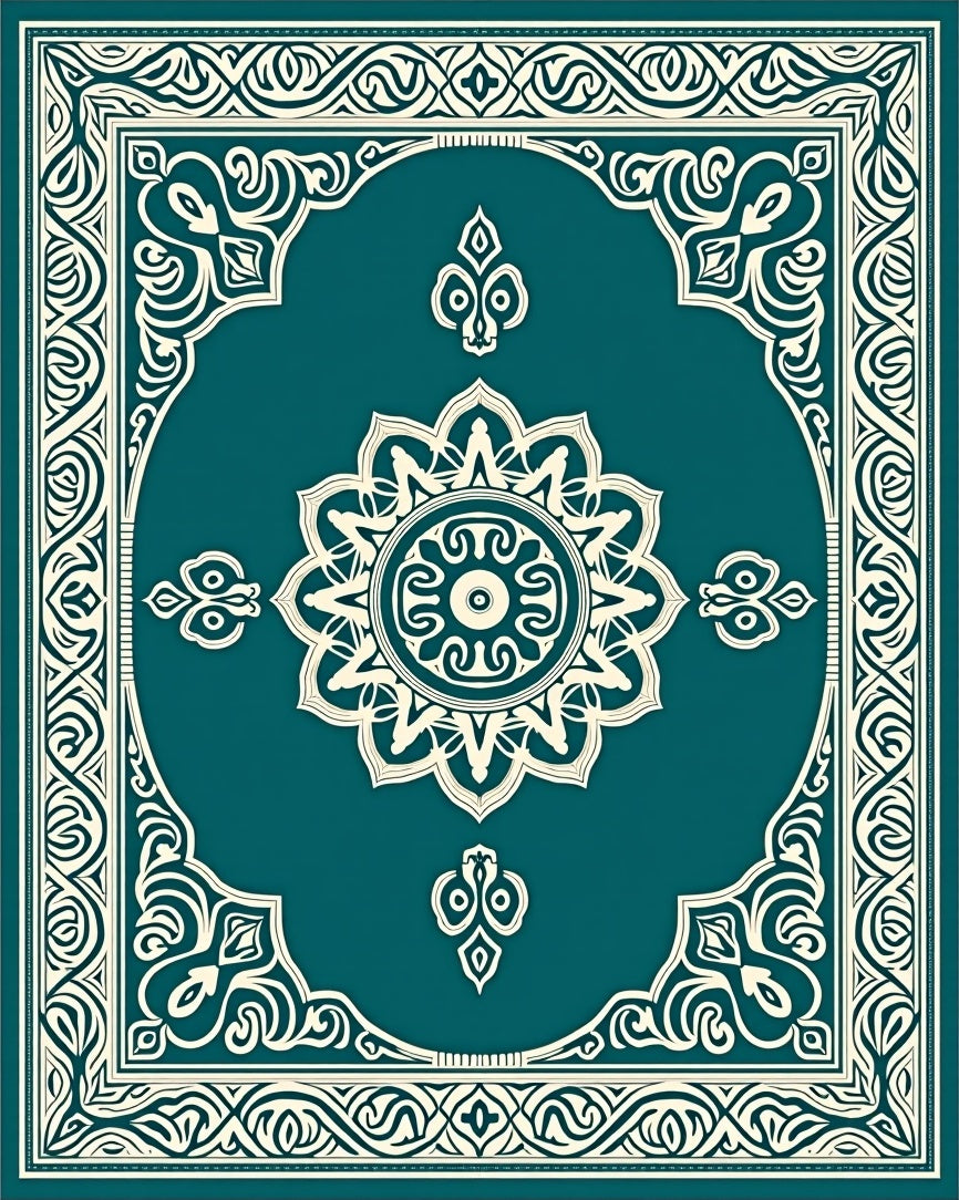 Teal Cream Elaborate Medallion Border Rug