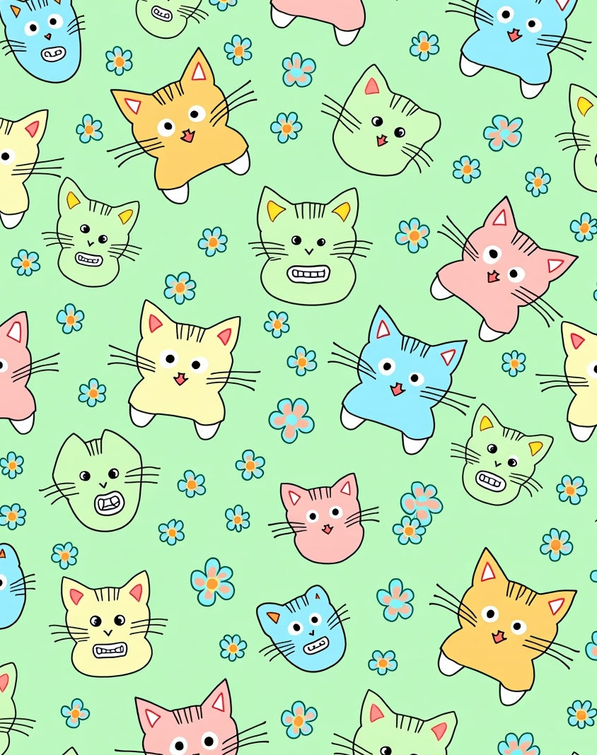 Pastel Cat Faces and Flowers Rug