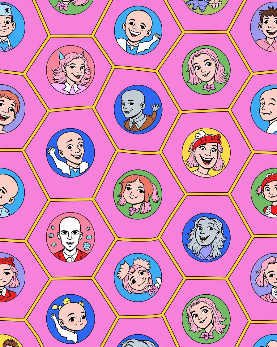 Pink Hexagon Colorful Character Collage Rug
