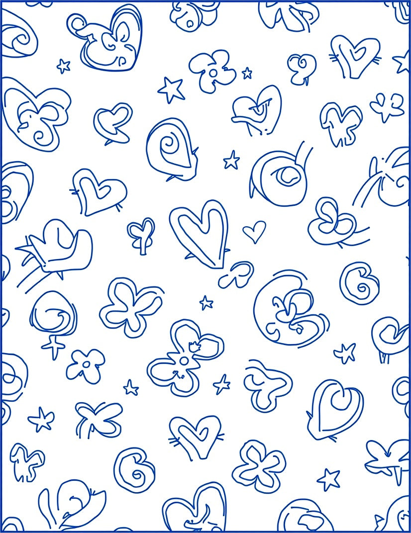 Blue Outline Hearts and Flowers Scatter Rug