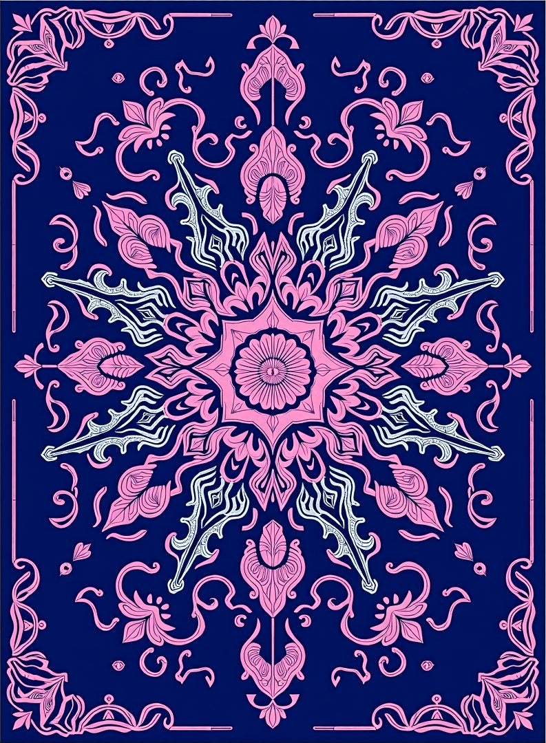 Pink Floral Mandala Navy Blue Rug