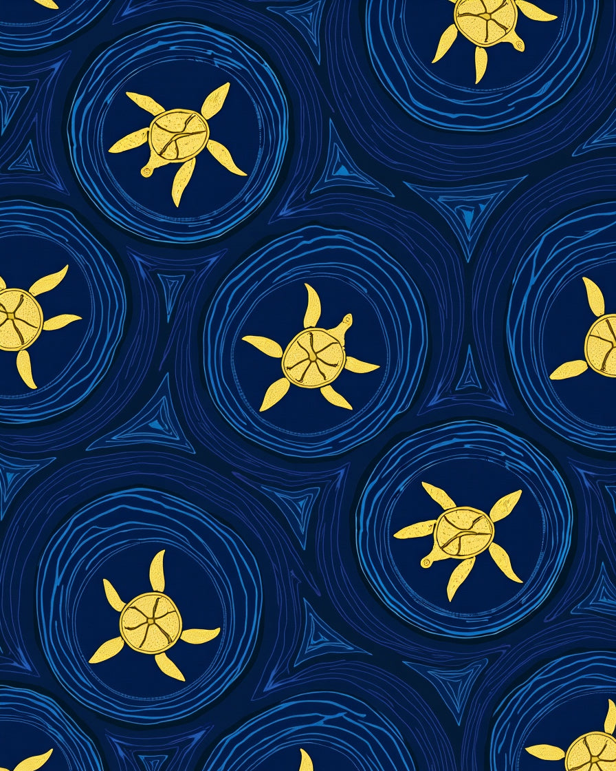 Golden Turtles in Blue Circular Waves Rug