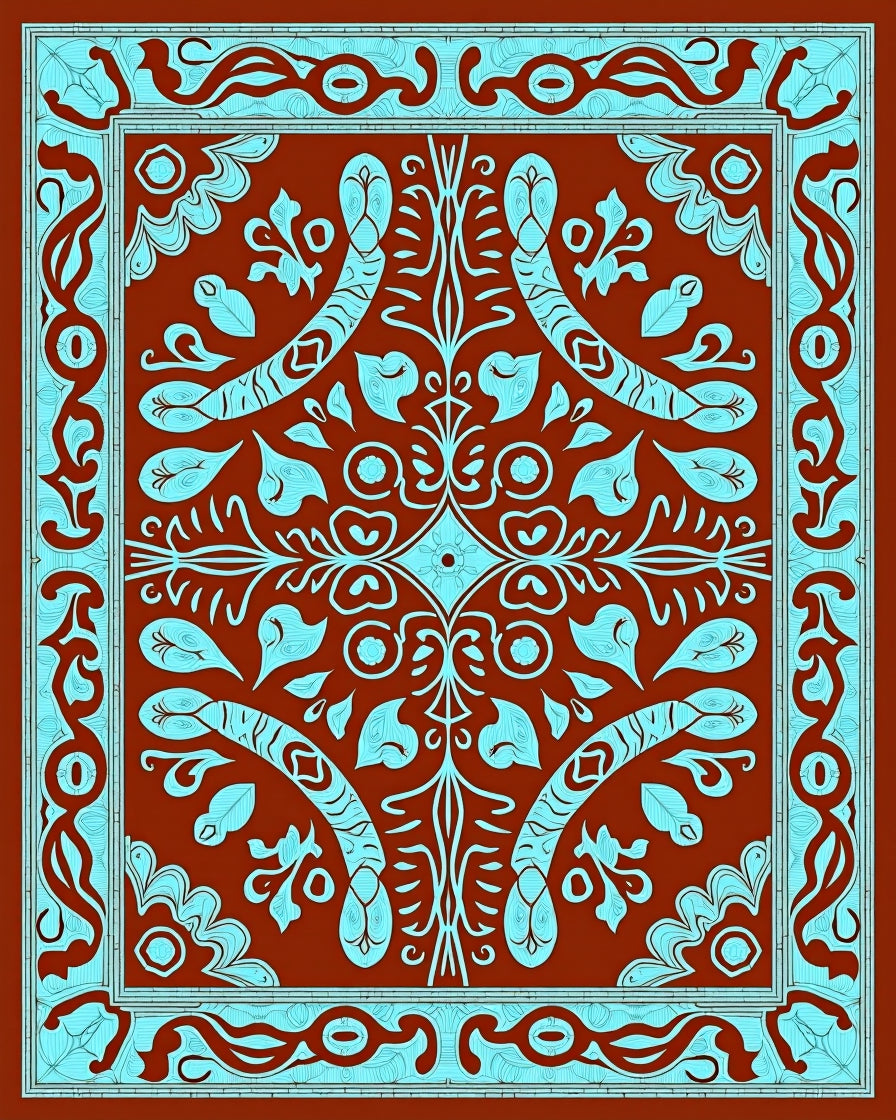 Crimson Cyan Ornate Scrollwork Rug