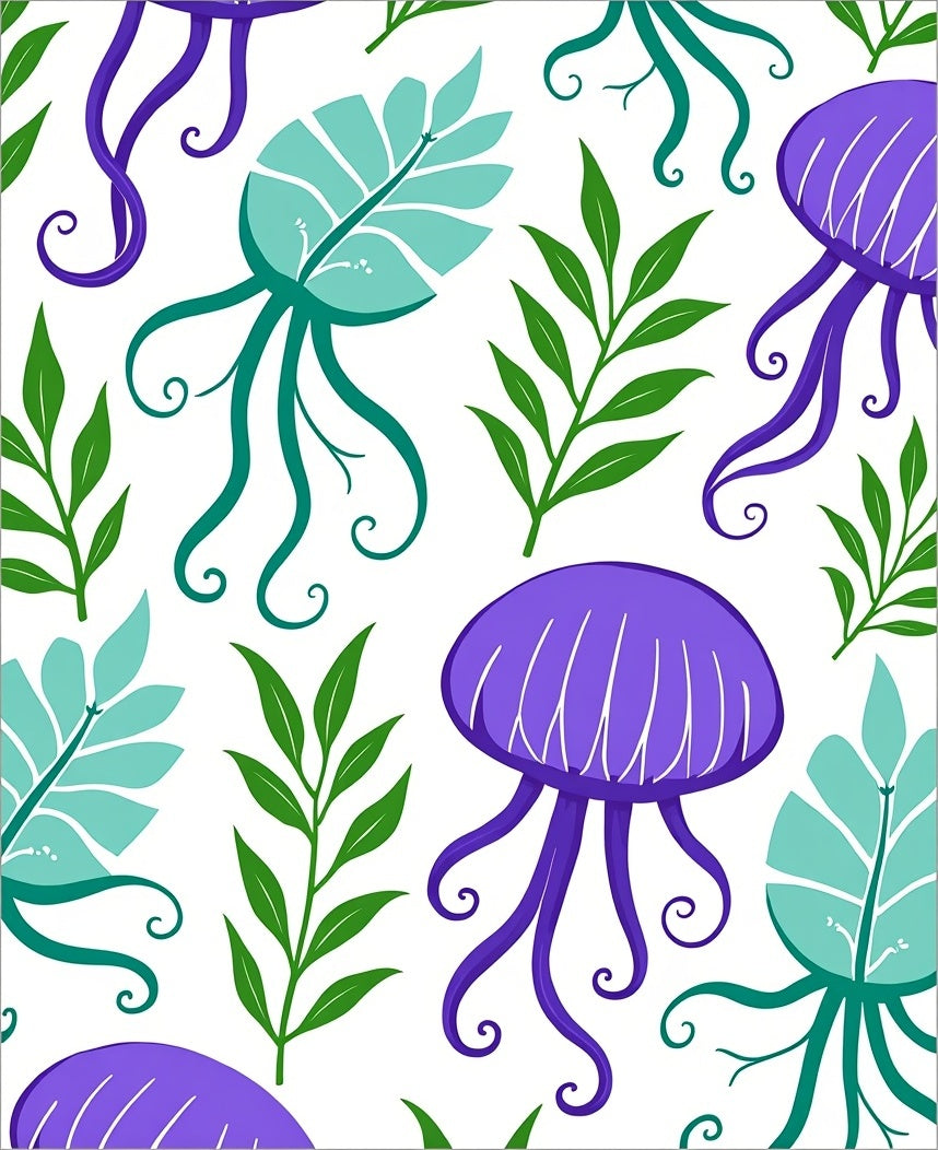 Vibrant Purple Jellyfish Teal Leaves Rug