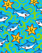 Cute Blue Sharks Yellow Starfish Green Swirls Rug