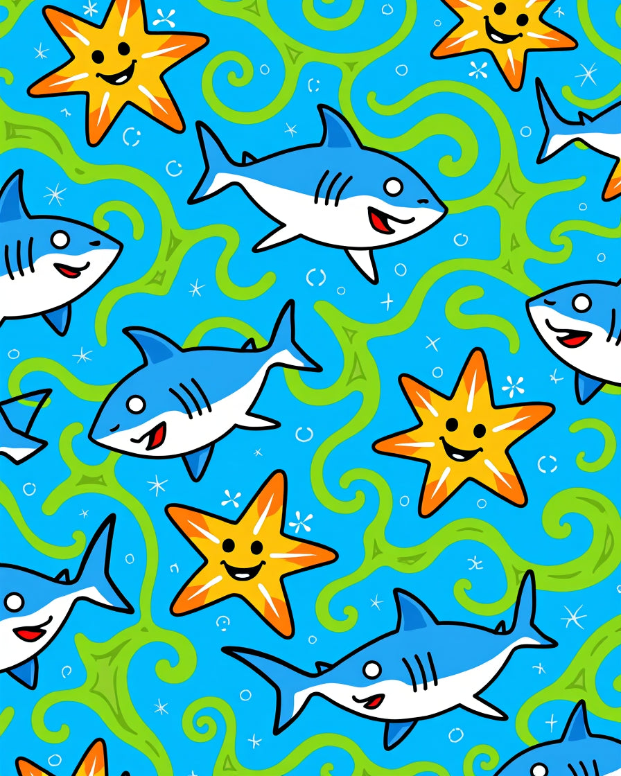 Cute Blue Sharks Yellow Starfish Green Swirls Rug