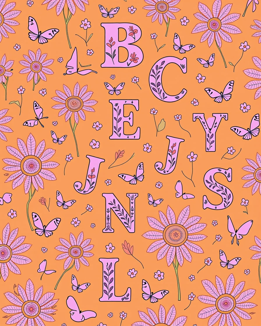Groovy Orange Floral Butterfly Alphabet Rug