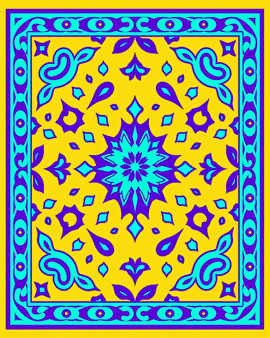 Vibrant Yellow Cyan Purple Medallion Border Rug