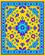 Vibrant Yellow Cyan Purple Medallion Border Rug