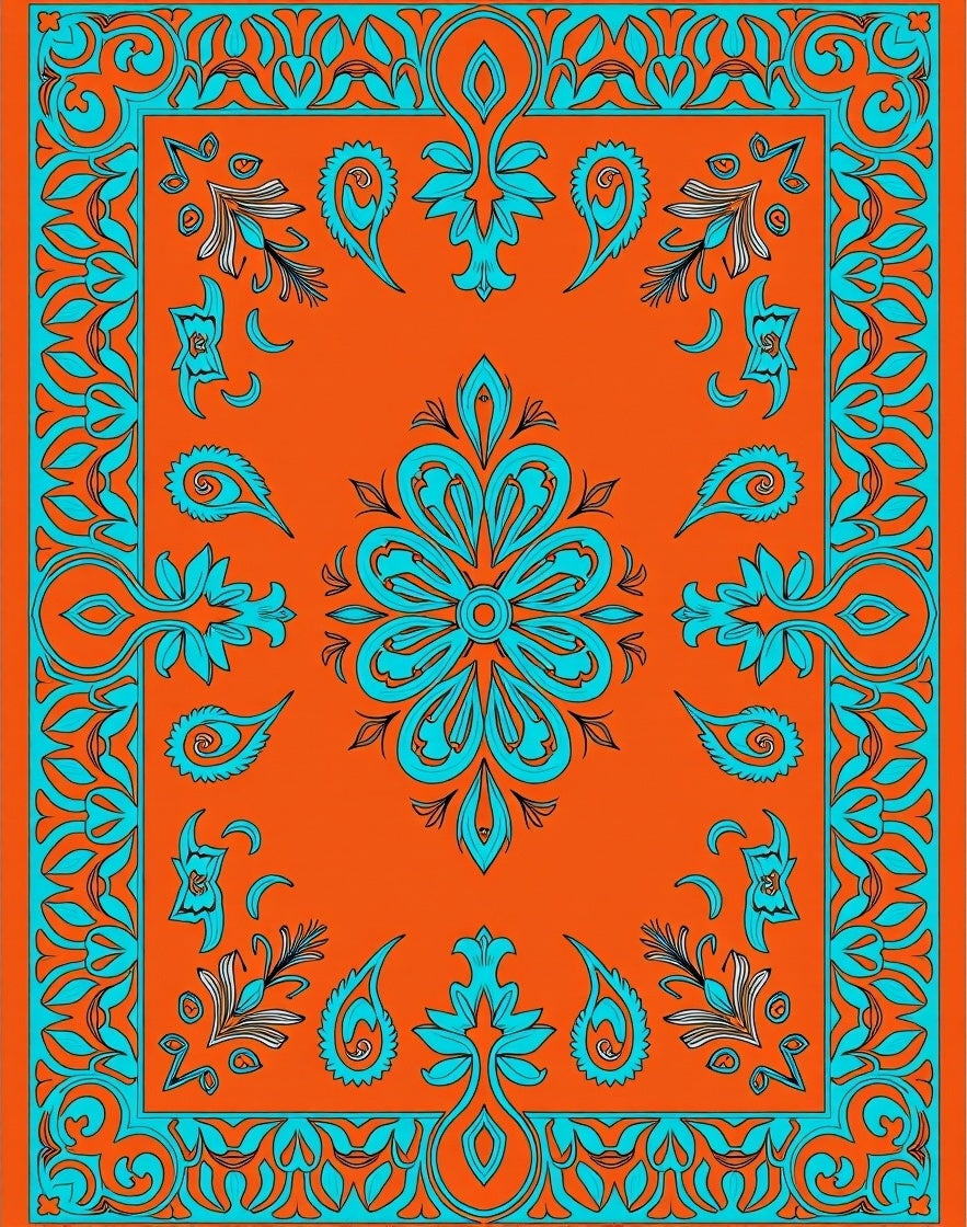 Orange Turquoise Floral Medallion Border Rug