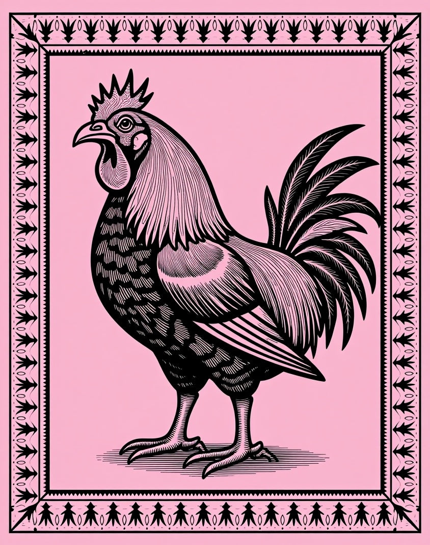 Pink Roaming Rooster Decorative Framed Rug