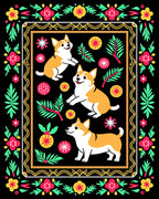Whimsical Corgi Floral Border Rug