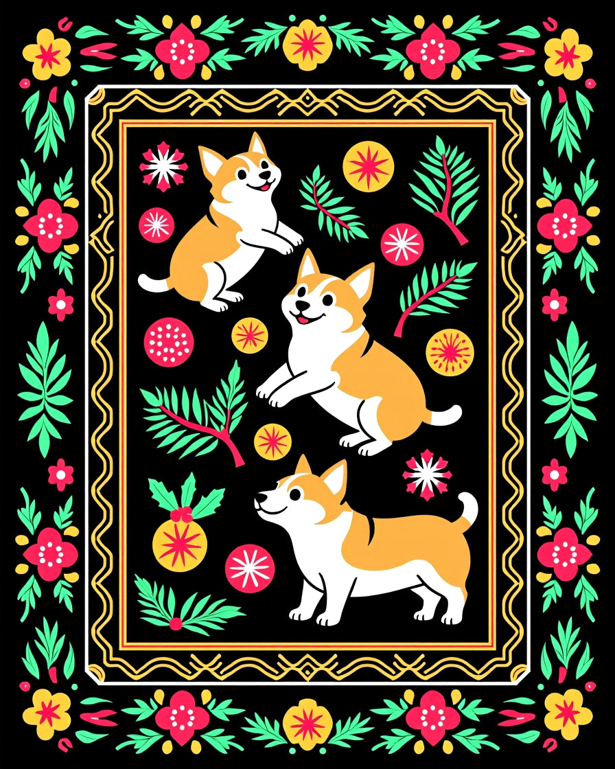Whimsical Corgi Floral Border Rug