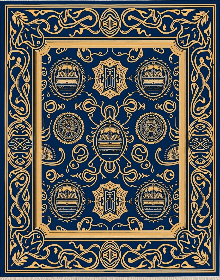 Navy Golden Regal Crest Medallion Rug
