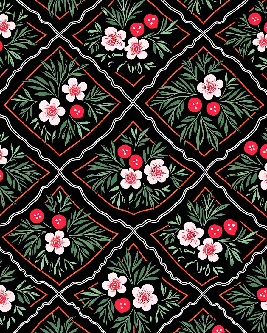 Black Floral Vine Diamond Rug