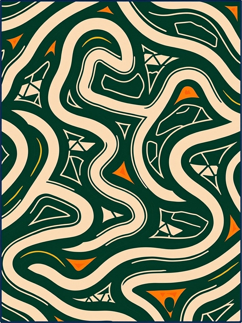 Abstract Cream Swirls Emerald Orange Rug