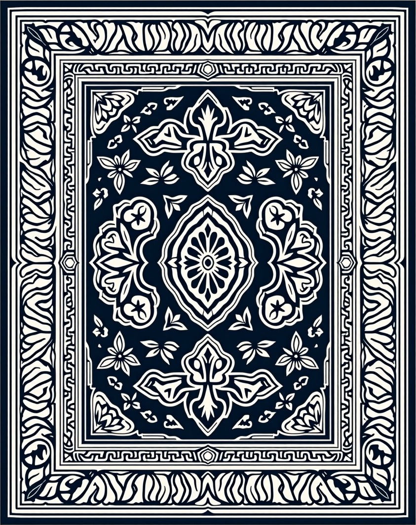 Classic Dark Blue Floral Medallion Rug