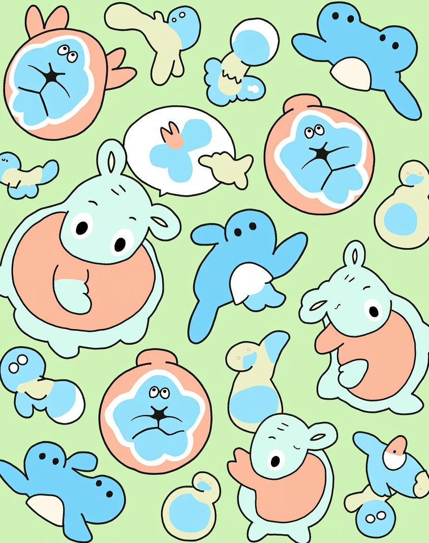 Whimsical Blue Peach Creature Collage Rug