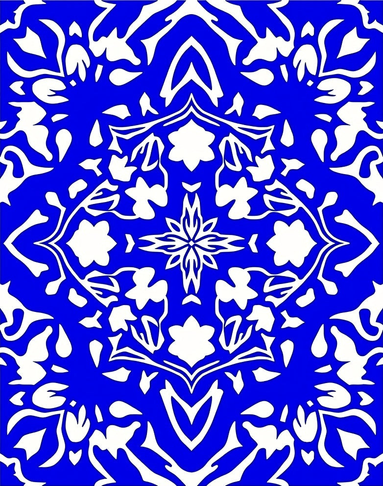 Vibrant Royal Blue Floral Symmetry Rug
