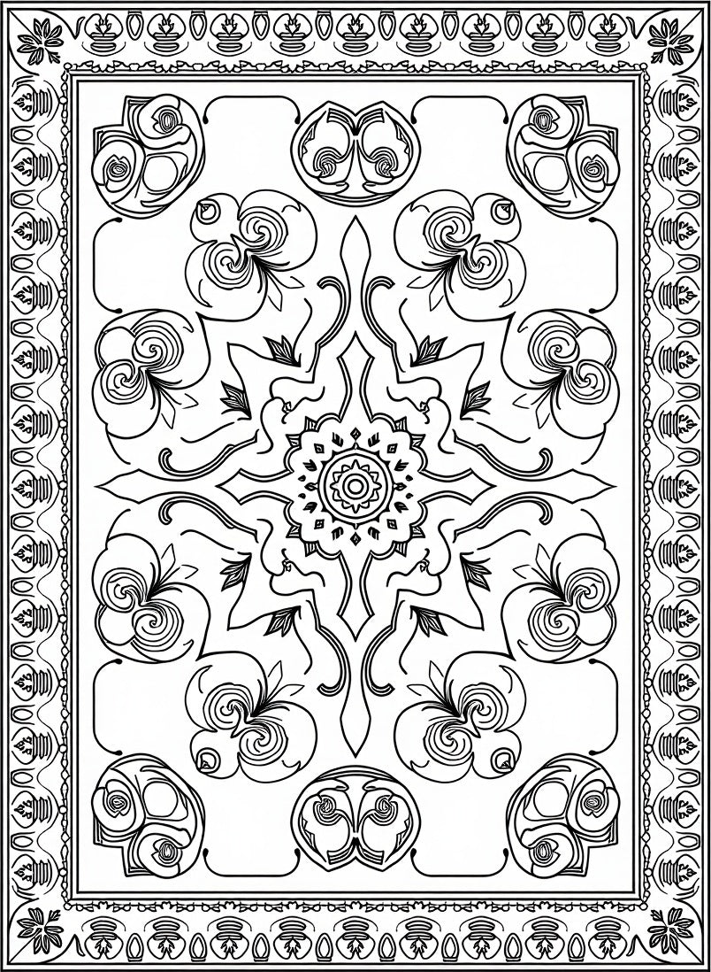 Black White Ornamental Floral Mandala Rug