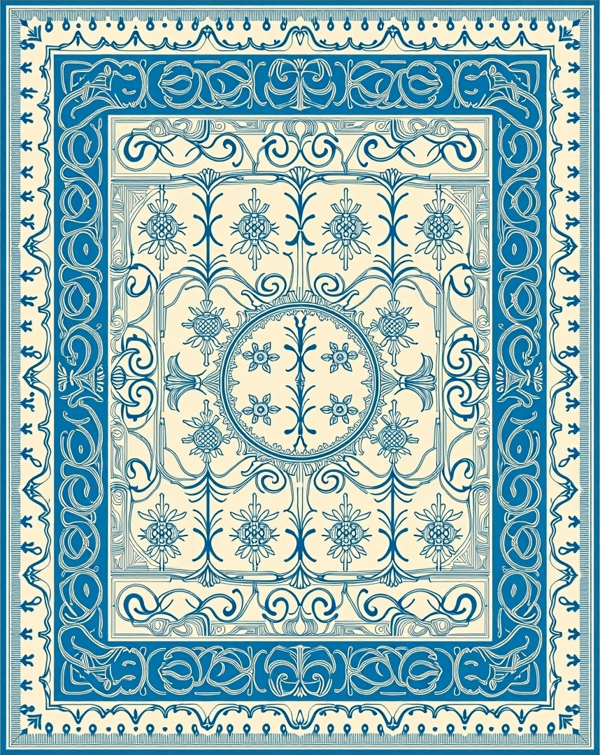 Ornate Blue Cream Floral Medallion Rug