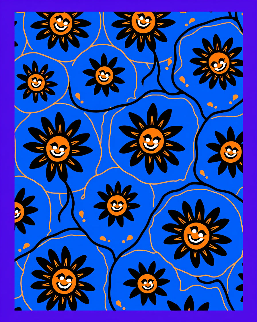 Cheery Blue Folk Sun Flower Rug