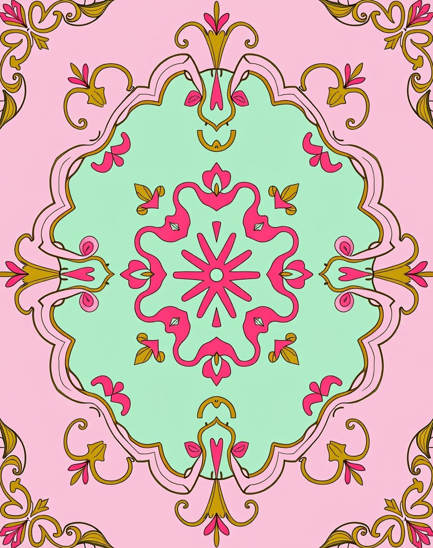 Pink Mint Gold Floral Medallion Rug
