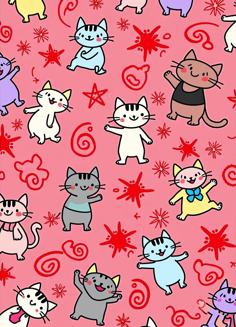 Cute Multicolor Cartoon Cats And Stars Rug
