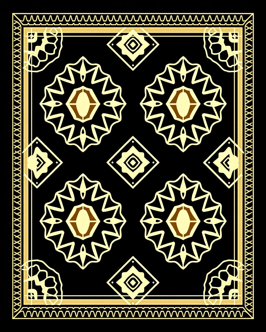 Geometric Sunburst medallion Black gold Rug