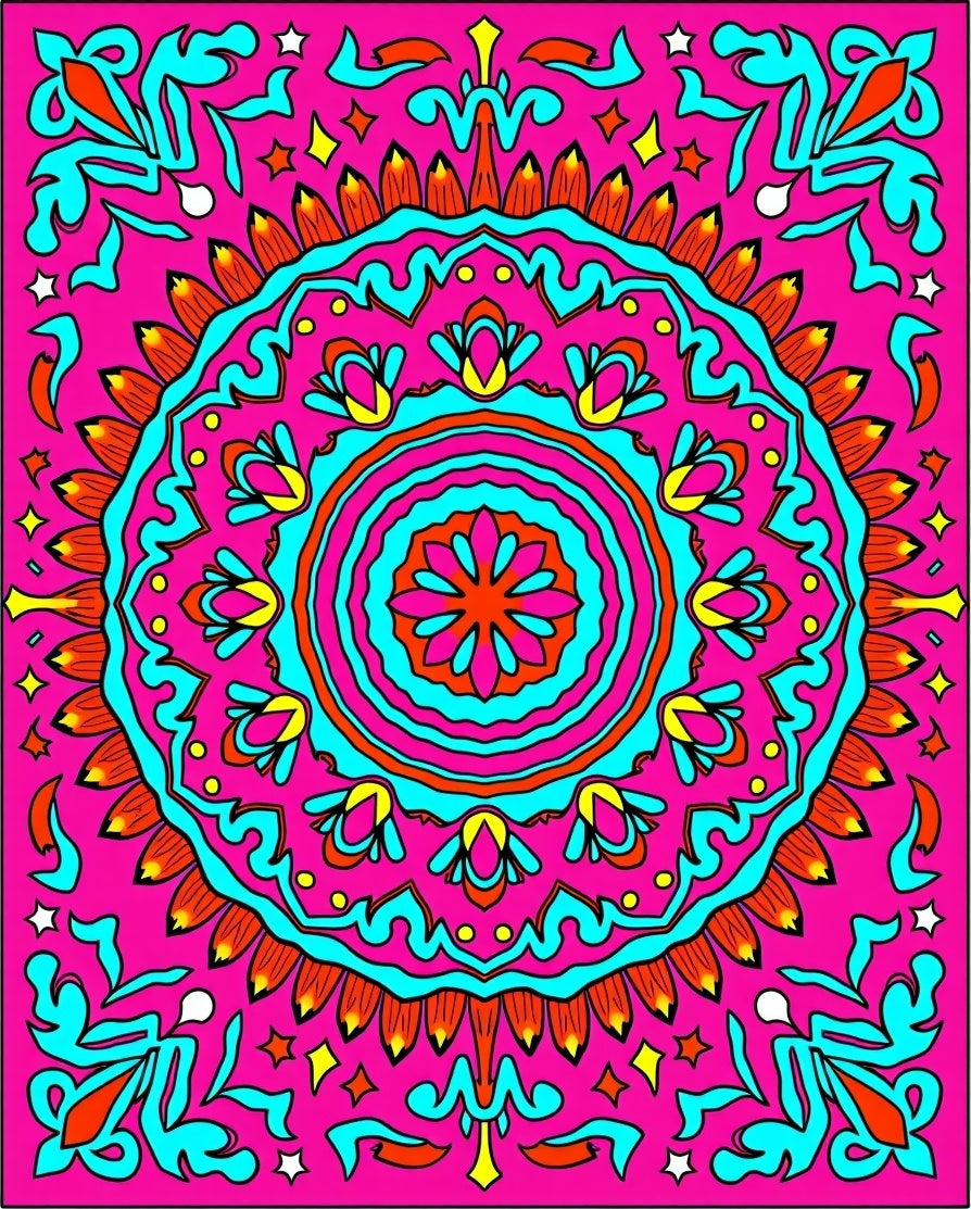 Vibrant Pink Cyan Medallion Stars Rug