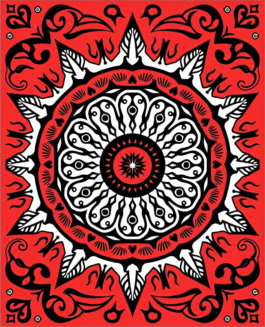 Crimson Bloom Mandala Symmetry Rug