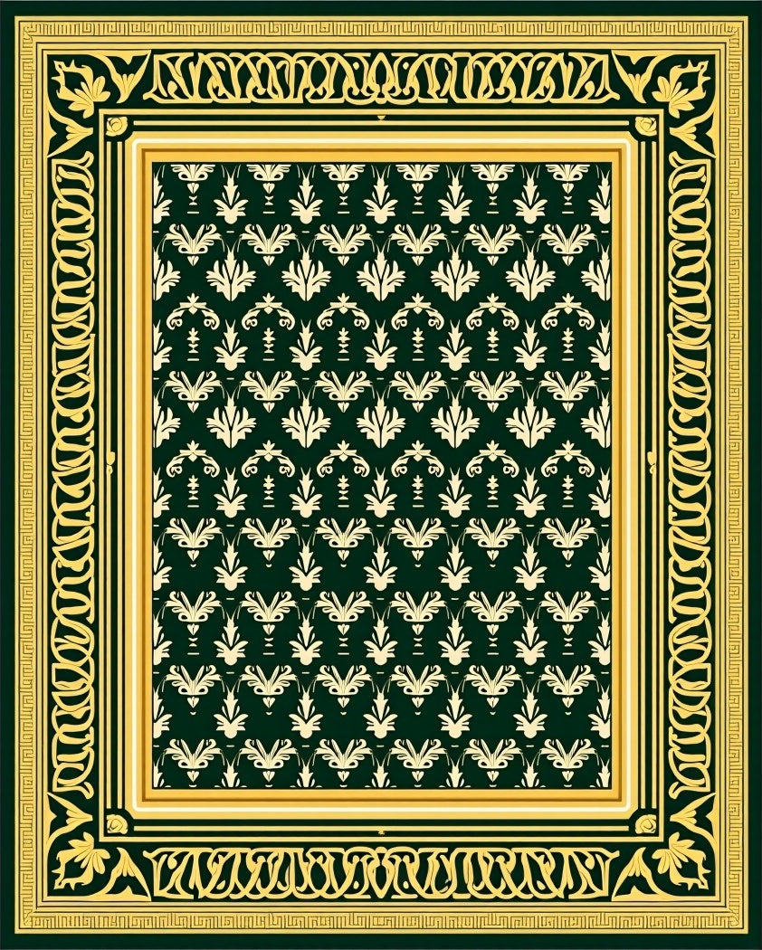 Emerald Green Vintage Floral Border Rug