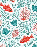 Red Fish Teal Coral Waves Rug
