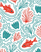 Red Fish Teal Coral Waves Rug