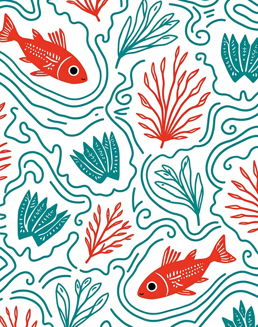 Red Fish Teal Coral Waves Rug
