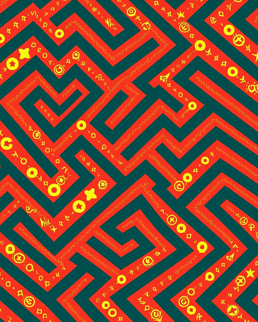 Red Teal Maze Whimsical Symbols Rug