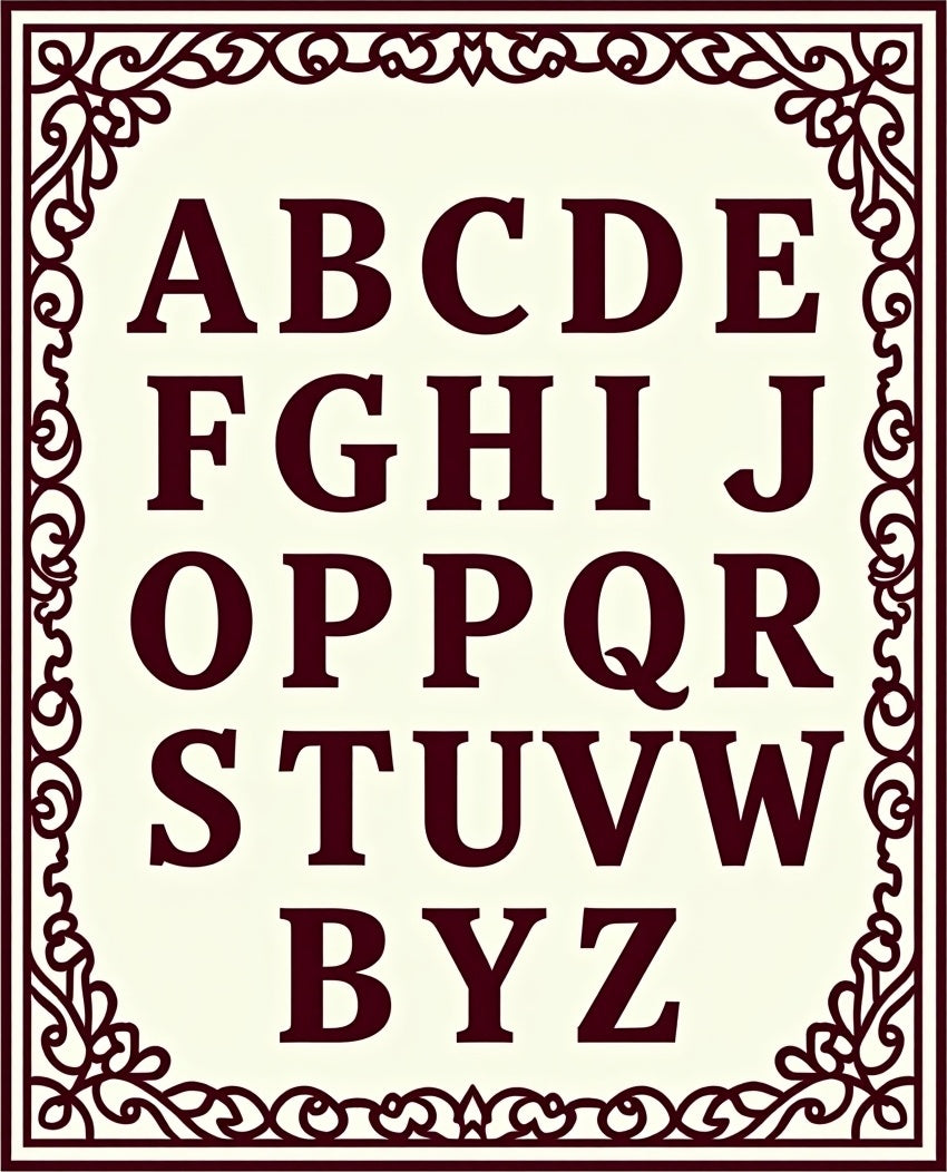 Burgundy Alphabet Within Ornate Border Rug