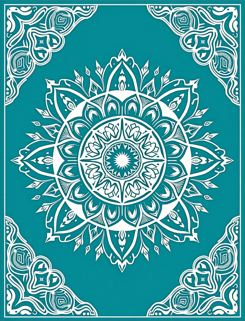 White Teal Mandala Floral Ornament Rug