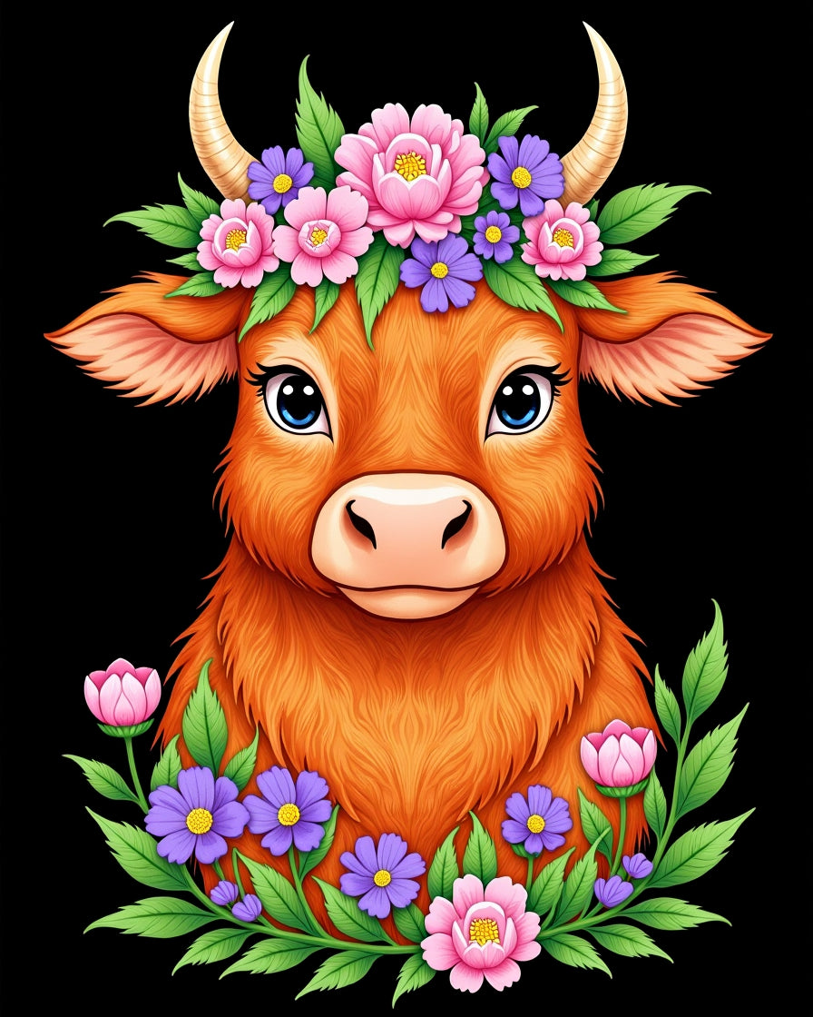 Whimsical Highland Cow Floral Wreath Rug