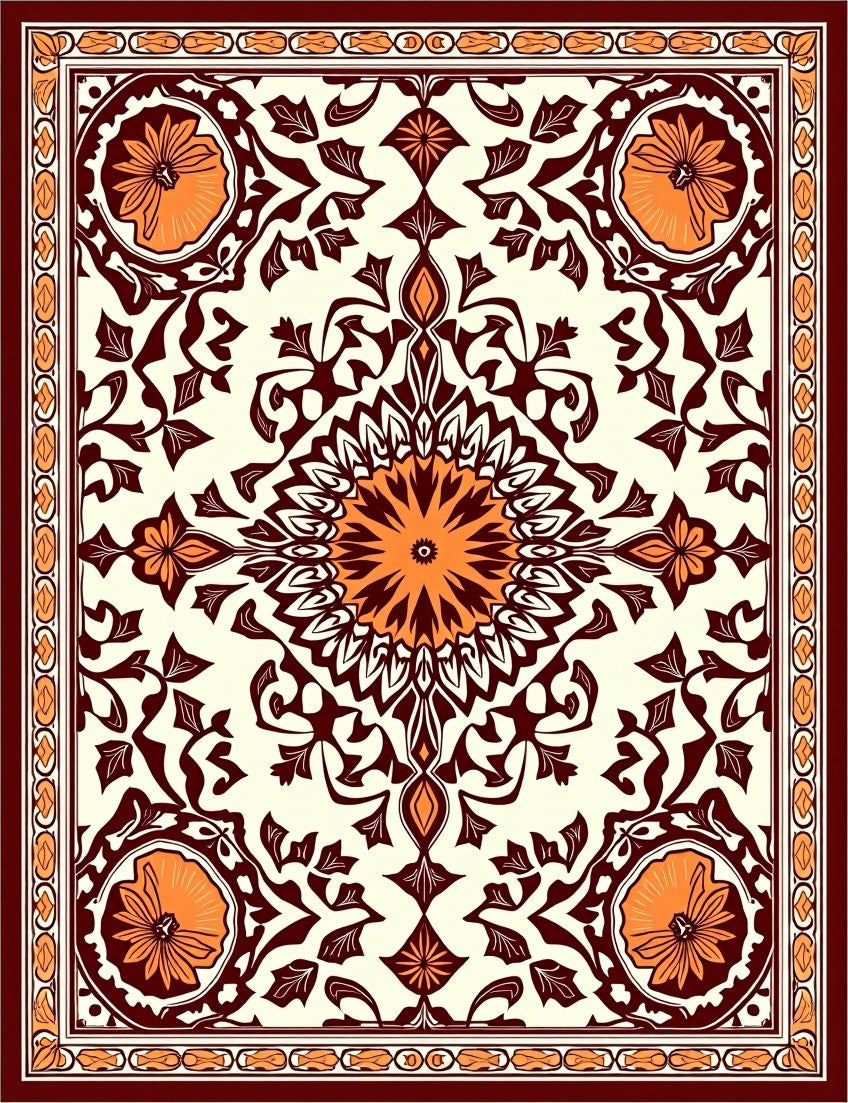 Rich Orange Floral Symmetry Rectangle Rug