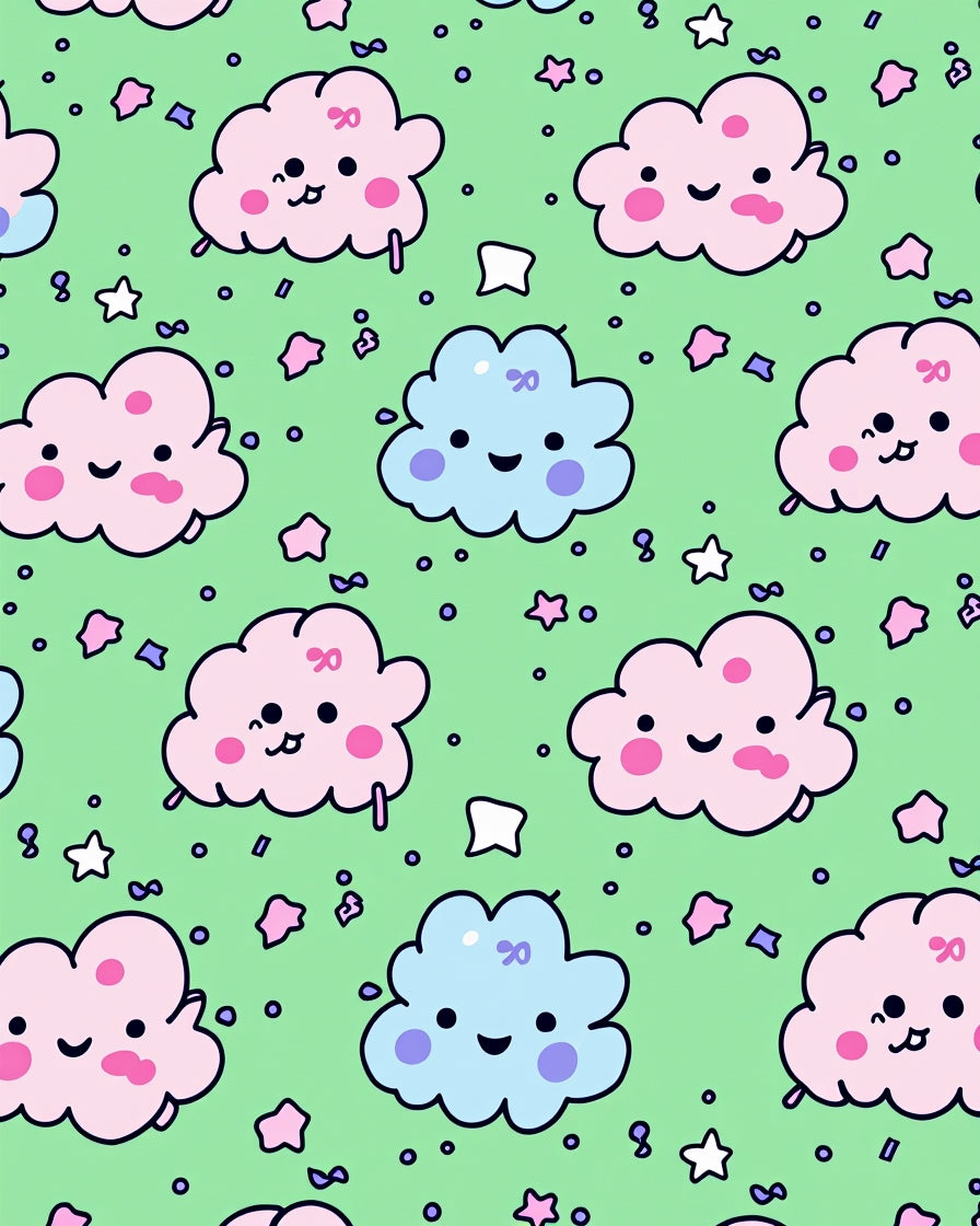 Kawaii Pink Blue Clouds Green Background Rug