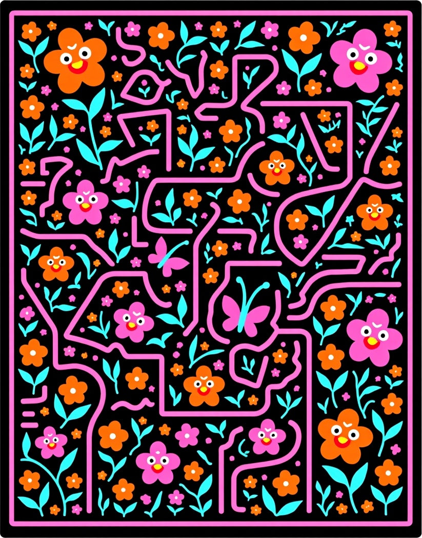 Whimsical Pink Orange Floral Butterfly Maze Rug