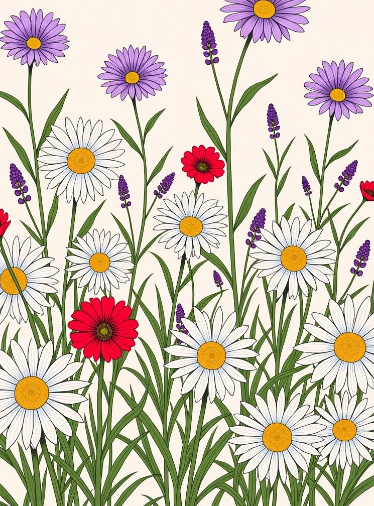 Field of Daisies and Lavender Flowers Rug