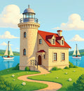 Coastal Lighthouse Sailboat Scenic View Rug